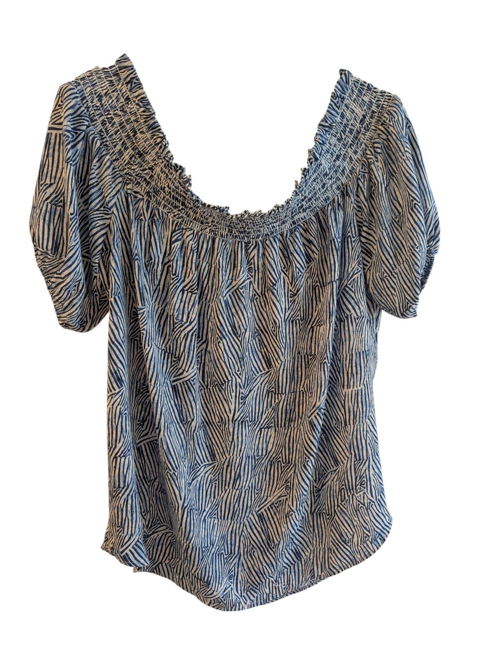 Karen Kane Navy and White Smocked Scoop Neck Puff Sleeve Top